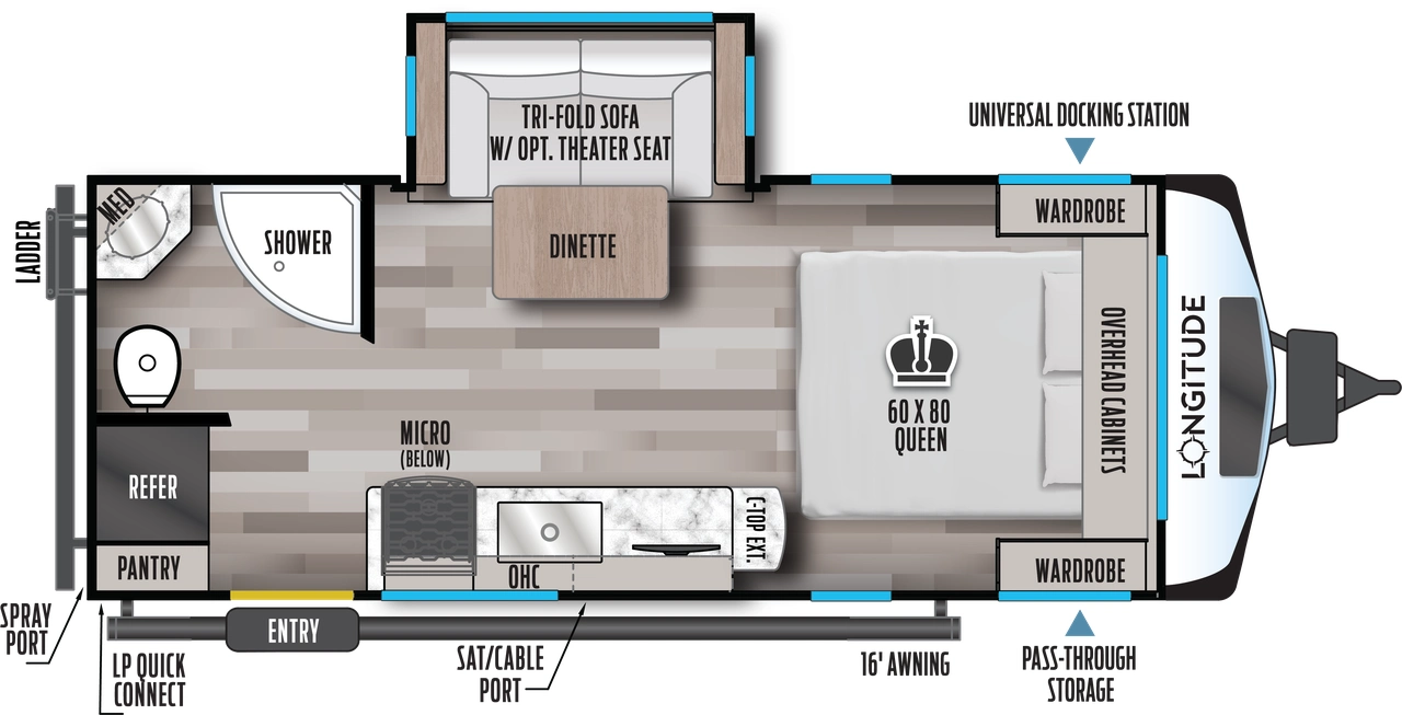 The 185RB has one slideout and one entry. Exterior features pass-thru storage, universal docking station, 16 foot awning, satellite/cable port, LP quick connect, rear spray port, and rear ladder. Interior layout front to back: foot-facing queen bed with overhead cabinets and wardrobes on each side; off-door side slideout with tri-fold sofa dinette with optional theater seat; door side countertop with extension, tv, sink, overhead cabinet, cooktop, air fryer below, and entry; rear off-door side full bathroom with medicine cabinet; rear door side pantry and refrigerator.
